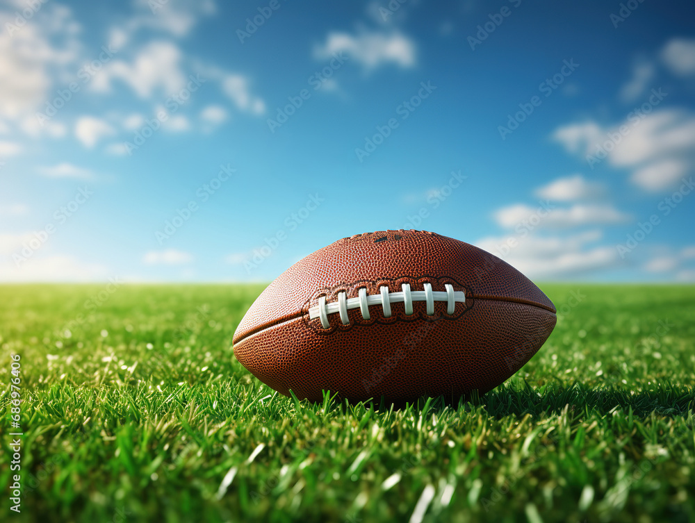 Obraz premium Green grass sports field with american football ball. Generative Ai