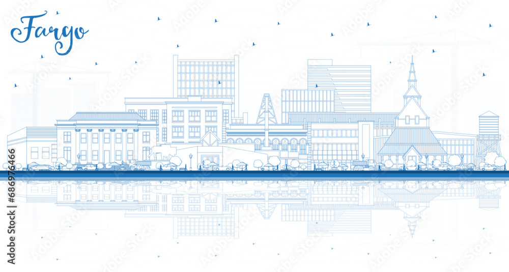 Outline Fargo North Dakota City Skyline with Blue Buildings and reflections. Fargo USA Cityscape with Landmarks. Business Travel and Tourism Concept with Modern Architecture.