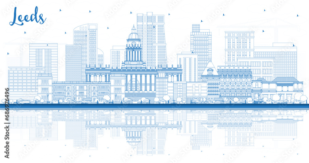 Outline Leeds UK City Skyline with Blue Buildings and reflections. Leeds Yorkshire Cityscape with Landmarks. Business Travel and Tourism Concept with Historic Architecture.