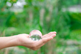 Hands holding crystal earth globe and growing tree. Save the world concept. Environment, save clean planet, ecology concept. Earth Day banner with green bokeh background and copy space for text.