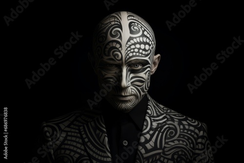 A Man Wearing a Formal Suit with Black   White Optical Illusion Face Painting Against a Black Background. Creepy businessman staring with an intense expression with asymmetrical monotone face painting