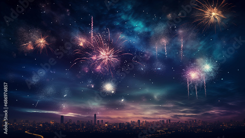 A wonderful fireworks display among the stars in a suburban night sky.