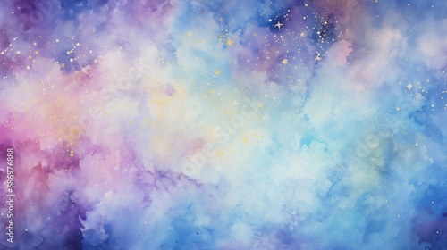 watercolor painting of abstract cloud sky nebula galaxy with purple blue and gold for background element