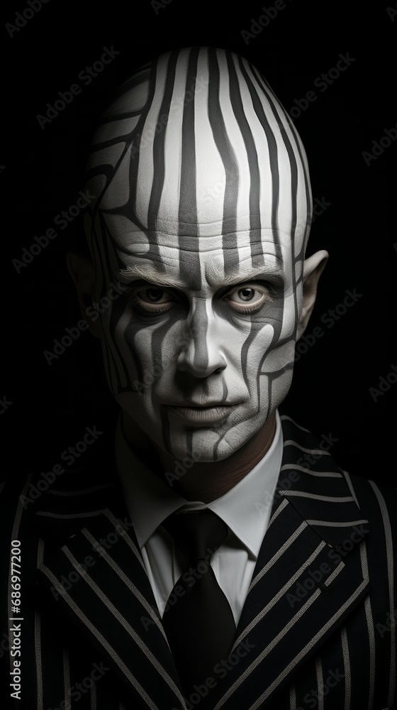 A Man Wearing a Formal Suit with Black & White Optical Illusion Face Painting Against a Black Background. Creepy businessman staring with an intense expression with asymmetrical monotone face painting A Man Wearing a Formal Suit with Black & White Optical Illusion Face Painting Against a Black Background. Creepy businessman staring with an intense expression with asymmetrical monotone face painting