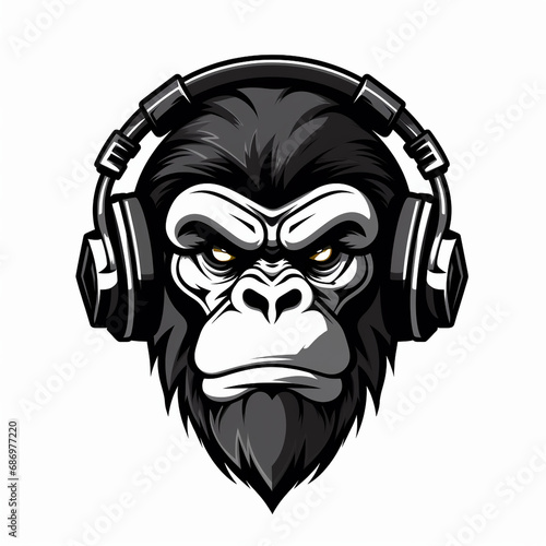 Ai Generated Black and white silhouette of a gorilla wearing earphones. skull with headphones