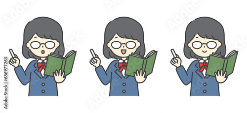 委員長風の女子学生がチョークと本を持って教えているイラスト