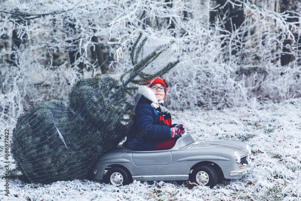 Happy little smiling girl driving toy car with Christmas tree. Funny preschool child in winter clothes bringing hewed xmas tree from snowy forest. Family, tradition, holiday.