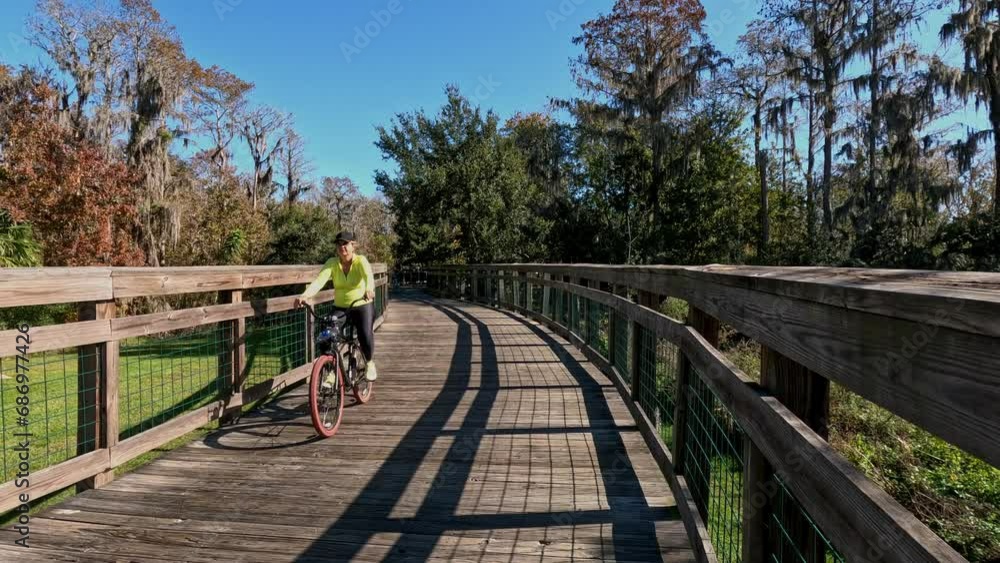 Bicycle ride over a wooden and iron bridge surrounded by trees. Bicycle ride over a wooden and iron bridge surrounded by trees.