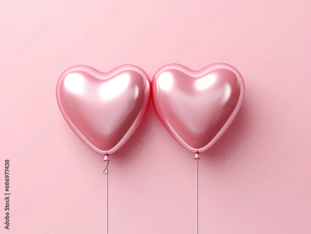 Air Balloons of heart shaped foil on pastel pink background. Generative Ai