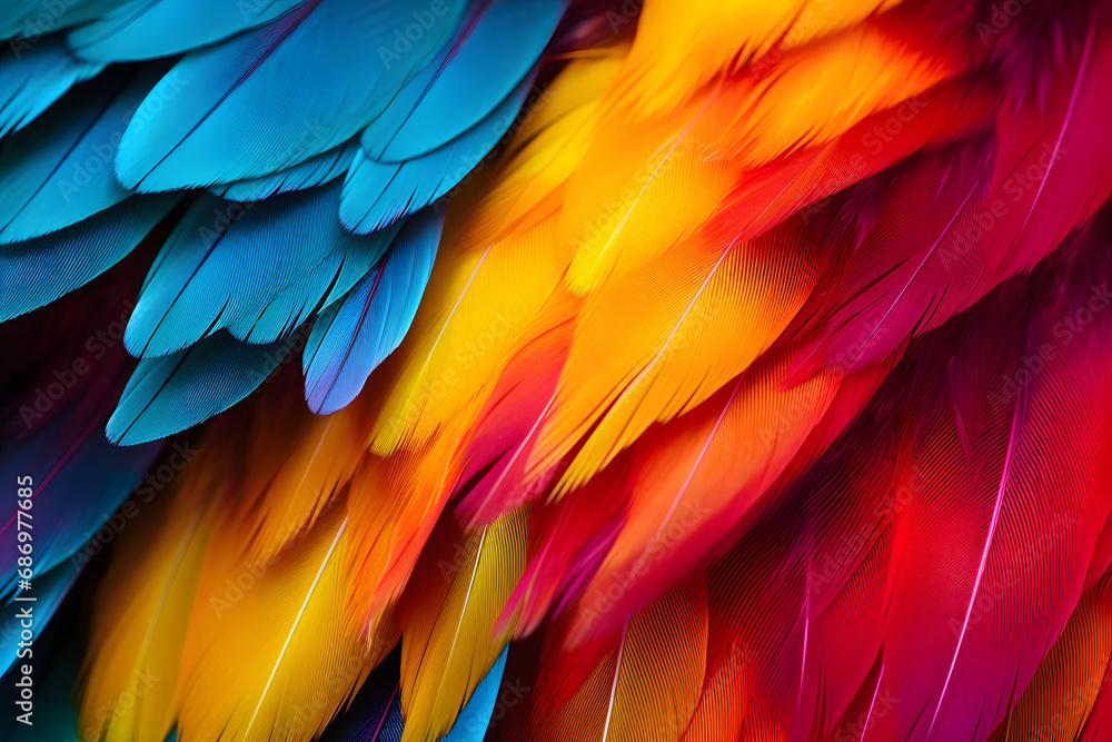 Obraz premium Close up of colorful blue, yellow and red feathers of exotic parrot bird