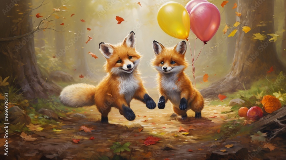 Playful fox cubs frolicking among vibrant balloons in a delightful woodland setting.