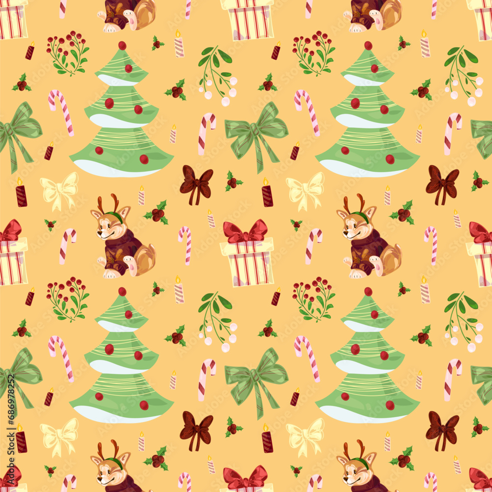Obraz premium Seamless childish warm yellow hand drawing Christmas pattern with welsh corgi, Christmas tree, mistletoe, candies, candles