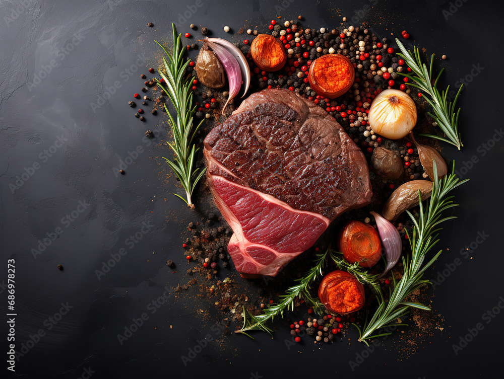 Different degrees of roasting beef steak in heart shape with spices on a stone background. Generative Ai - obrazy, fototapety, plakaty 