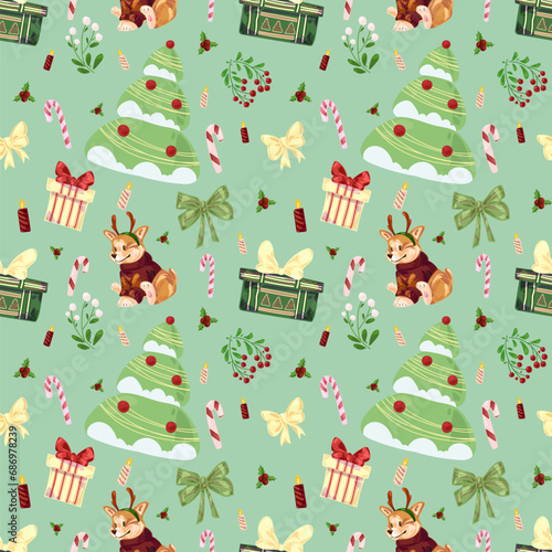 Seamless childish mint Christmas pattern with welsh corgi ,Christmas tree, mistletoe, candies and candles
