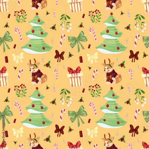 Seamless childish warm yellow hand drawing Christmas pattern with welsh corgi, Christmas tree, mistletoe, candies, candles