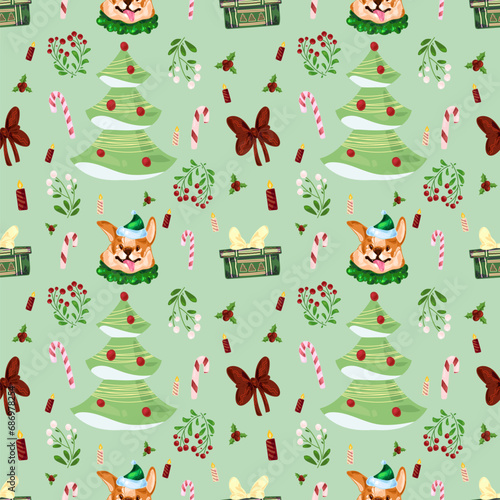 Seamless childish mint hand drawing Christmas pattern with welsh corgi, Christmas tree, mistletoe, candies, candles