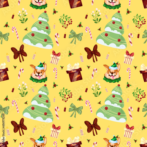 Seamless childish yellow Christmas pattern with welsh corgi, Christmas tree, mistletoe, candies and candles