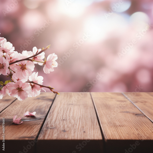 Empty Wooden Table Display with Pink Cherry Blossom
