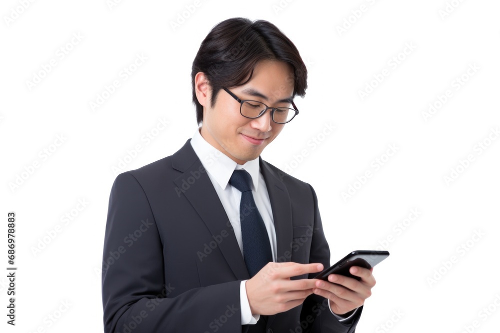 スマホを使うサラリーマン男性白背景 スマホを使うサラリーマン男性白背景