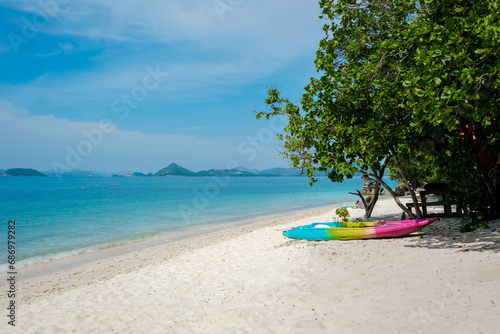 a kayak on the beach of Ko Kham Island Sattahip Chonburi Samaesan Thailand a tropical island with turqouse colored ocen