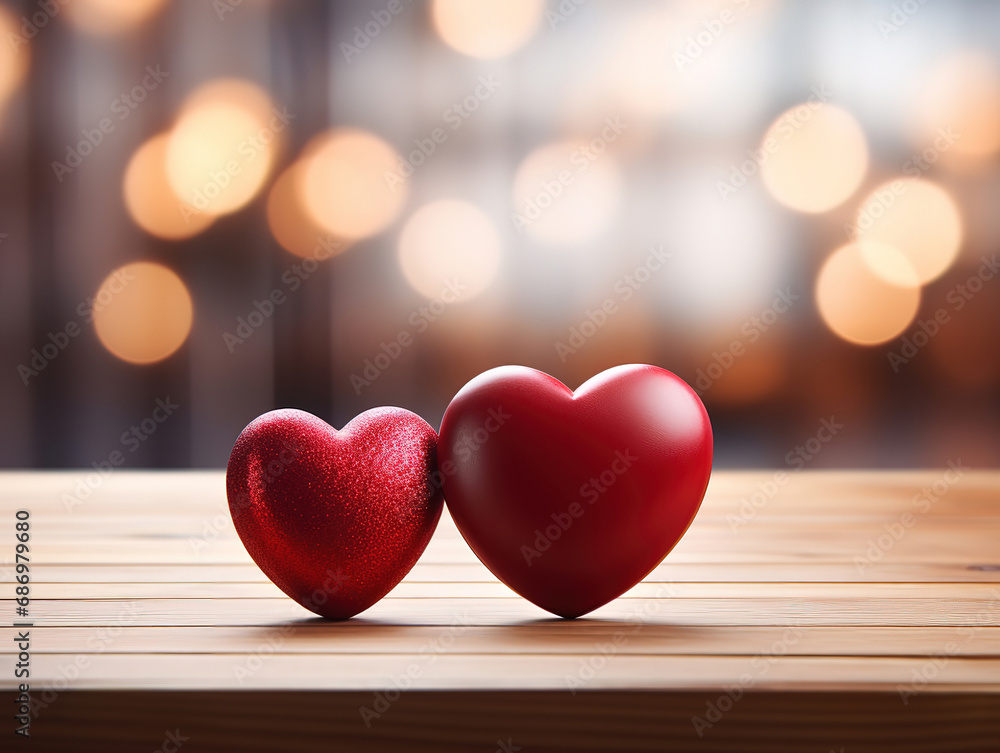 Two Red Valentines Hearts Standing On Wooden Table With Soft Romantic background. Generative Ai Two Red Valentines Hearts Standing On Wooden Table With Soft Romantic background. Generative Ai