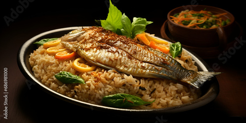 A plate of food with rice and a fish on it Savory Fish Delight with Rice