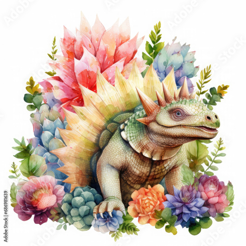 Stegosaurus and flower Illustration, Generative Ai