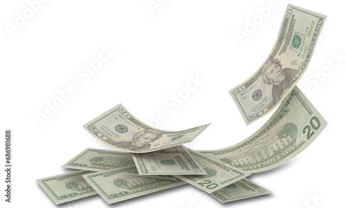 dollars twenty 20 flying  falling in white background - 3d rendering