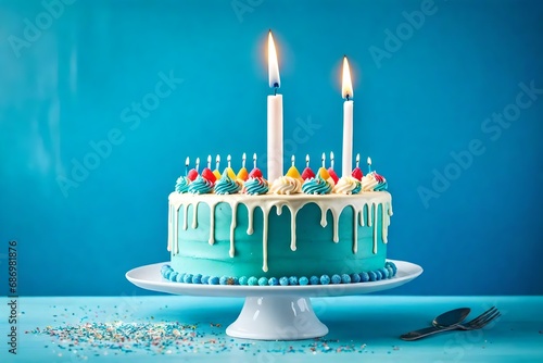 Birthday drip cake on a blue background with a lit candle and teal ganache