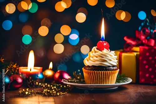 Birthday or other holiday cupcake with cream and a burning candle, along with a shopping list, against a background of color with bokeh lights