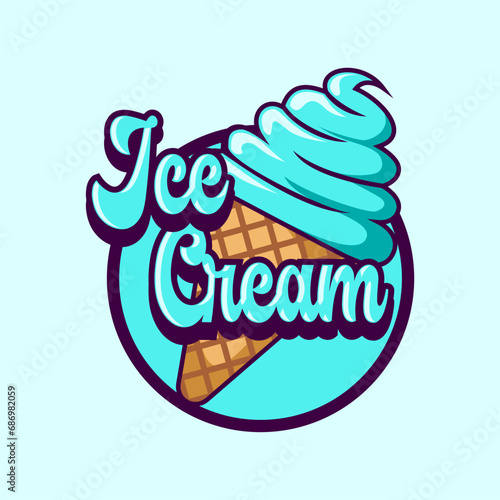 ice cream in the waffle cone. Vector flat outline icon. Cartoon style illustration for sticker and t shirt design.
