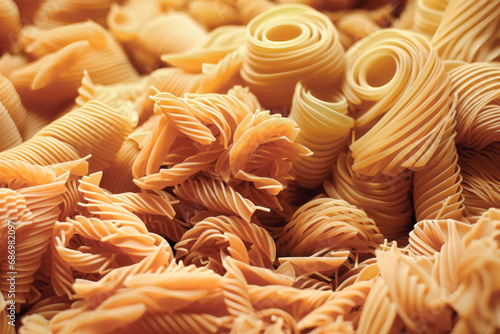 layout of Italian raw pasta  top view  different types and shapes of pasta  durum wheat noodles  close-up.