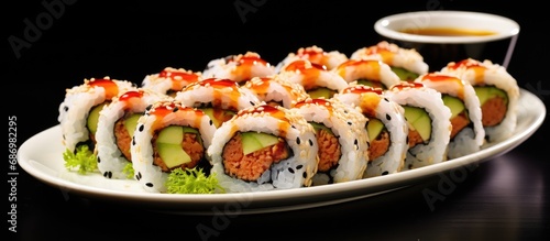 Japanese food: maki sushi rolls with soy sauce and wasabi on a white plate.