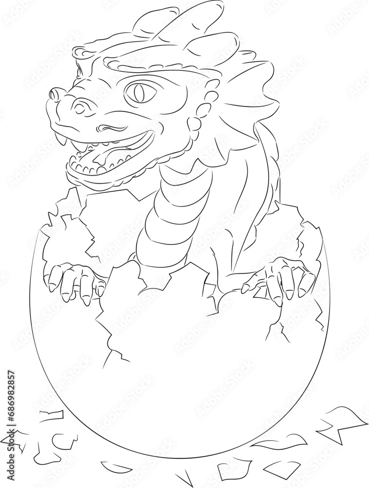Obraz premium Line art of hatched wooden dragon with paws in egg. Vector illustration of a wooden little dragon hatched from an egg. Baby dragon in an egg with paws, small horns, teeth, whiskers, horny scales