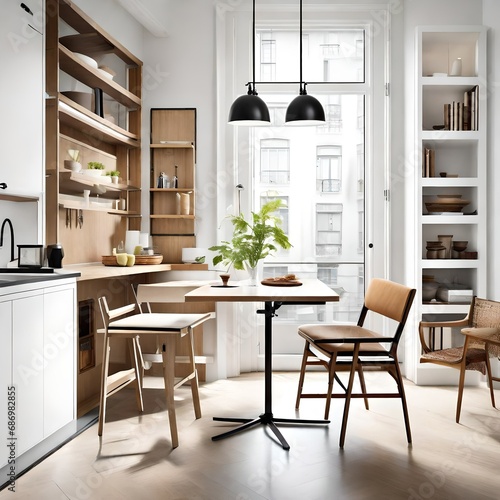 A compact dining area with a wall-mounted table, folding chairs, and pendant lights