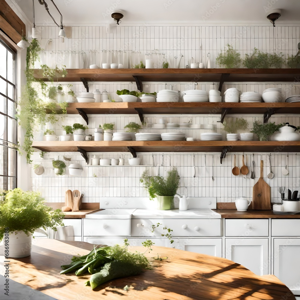 A sunlit kitchen with white subway tiles, open shelving, and fresh herbs