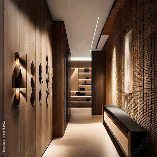 A minimalist hallway with hidden storage, wall art, and ambient lighting 