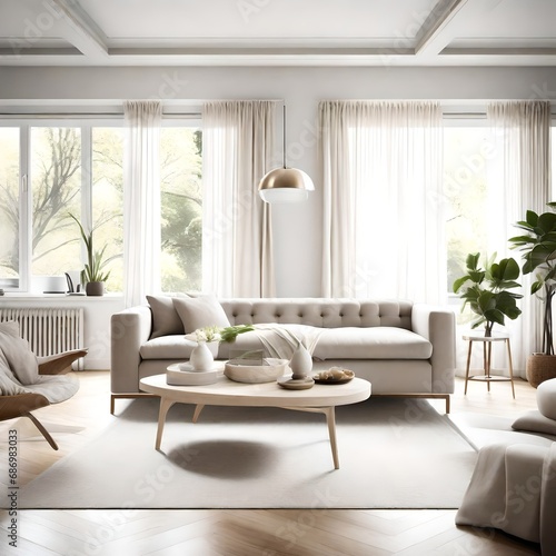 A serene living room with neutral tones, sleek furniture, and soft natural light