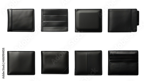 Set of Black Leather Wallets Isolated on Transparent or White Background, PNG