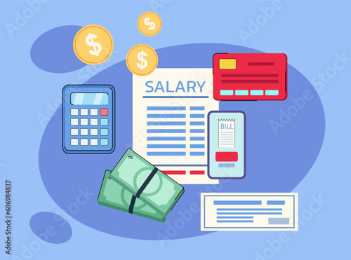 Salary calculation vector illustration. Cash money, credit card, cheque book, calculator. Payroll processing, employee compensation concept