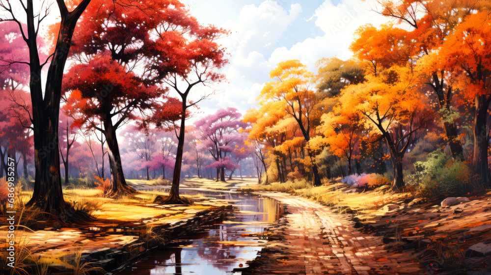 Autumn forest landscape with road and river.