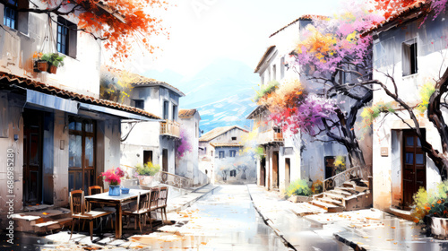 Watercolor painting of a street in the old town of San Marino.