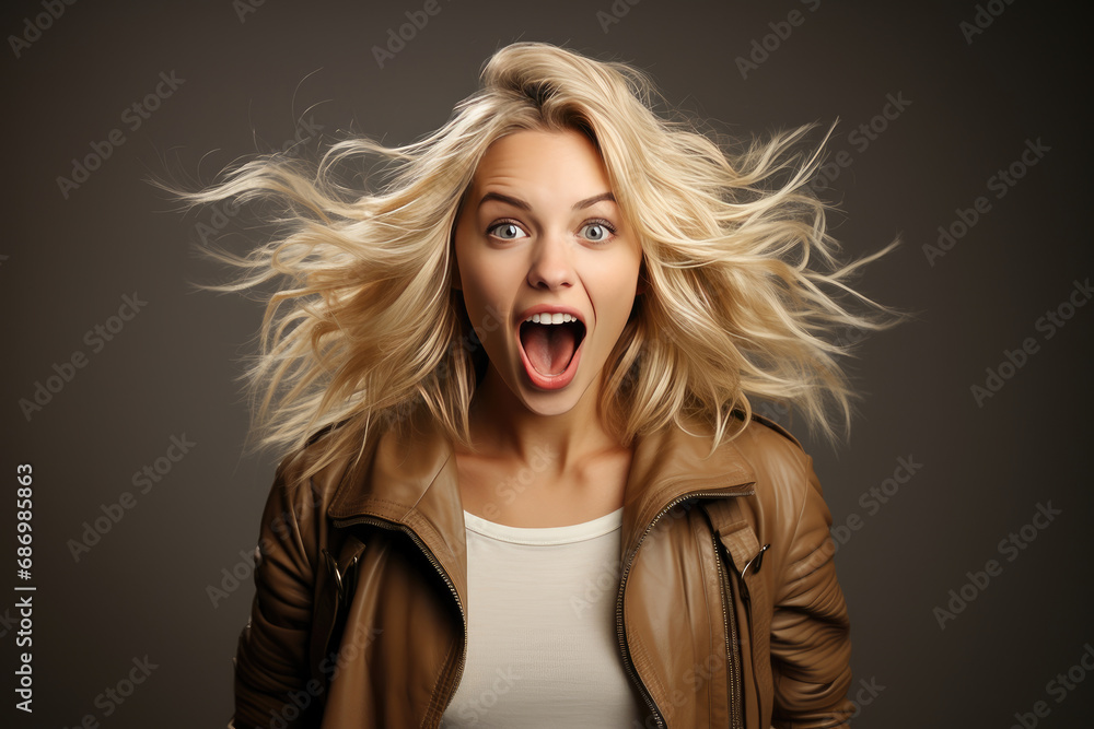 Vibrant portrait of a surprised young woman with windblown blond hair and an ecstatic expression on a neutral background.