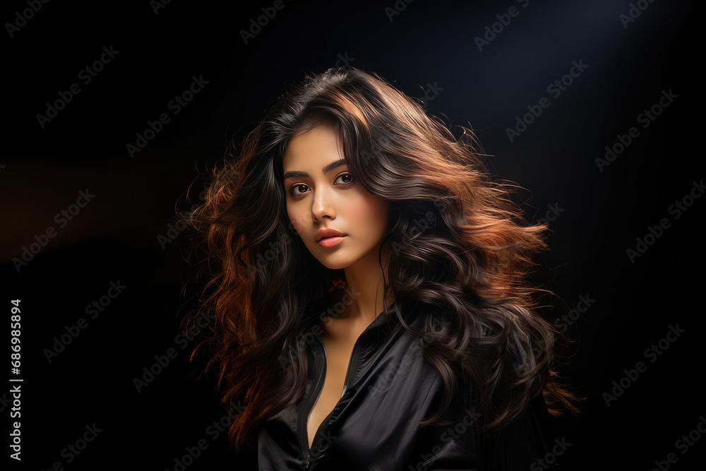 Stunning portrait of a beautiful young woman with flowing hair posing against a dark background in a fashion setting.