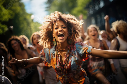 Joyful young woman dancing at a lively street festival, surrounded by a crowd of happy friends.