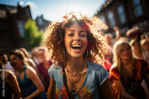 Joyful young woman with curly hair smiling radiantly in a lively street festival, surrounded by a crowd on a sunny day.