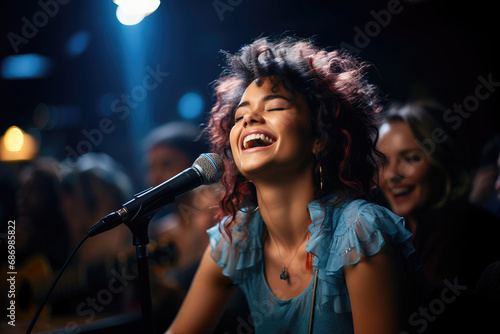 Joyful female singer performing live on stage with a microphone at a concert with an audience in the background.