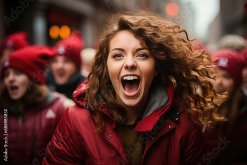 Joyful young woman with curly hair cheering exuberantly at an outdoor event, surrounded by a crowd of people.