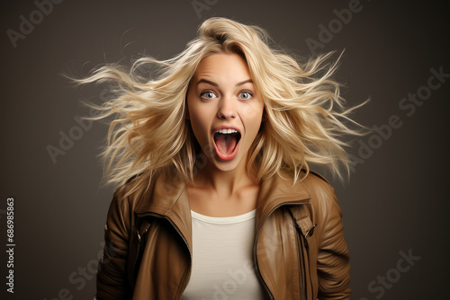 Vibrant portrait of a surprised young woman with windblown blond hair and an ecstatic expression on a neutral background.