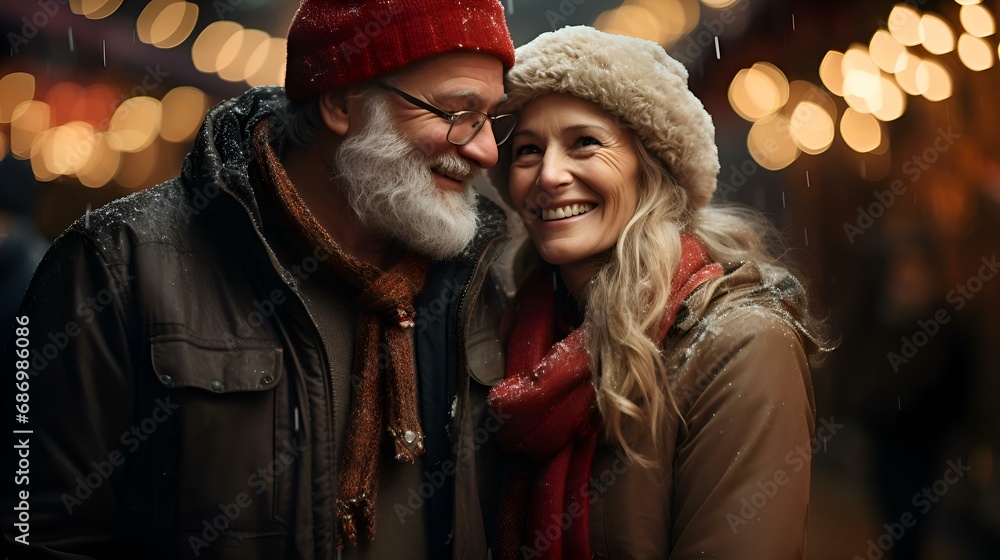 Happy elderly couple laughs and talks on an evening walk against the backdrop of bokeh and glare from holiday light bulbs and lanterns (Ai generation)